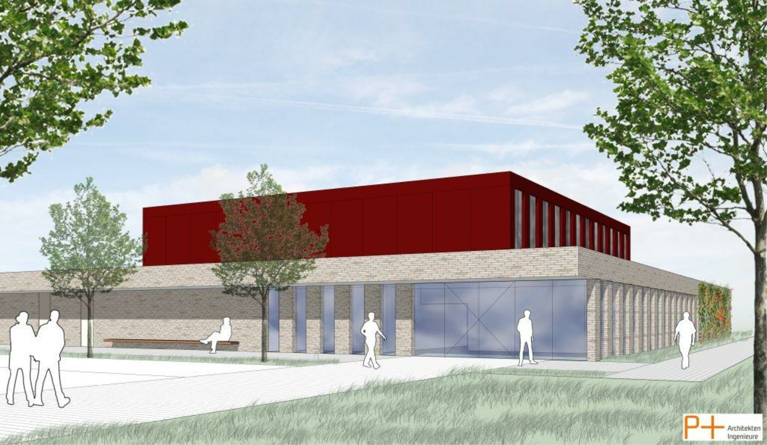 Moderne Architekturskizze eines Gebäudes mit rotem Obergeschoss und Glasfronten, umgeben von Bäumen und Menschen.