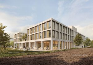 Moderner Bürokomplex bei Sonnenschein, umgeben von Grünflächen und Bäumen, mit offenen Terrassen und Glasfassade.