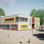 Moderner Schulcampus mit zweistöckigem Gebäude, umgeben von Bäumen und spielenden Kindern auf dem Hof.