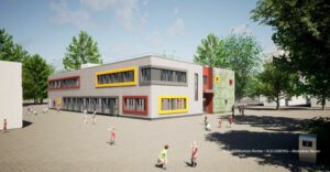 Moderner Schulcampus mit zweistöckigem Gebäude, umgeben von Bäumen und spielenden Kindern auf dem Hof.