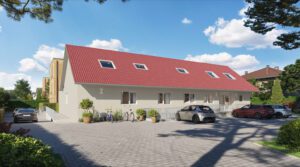 Moderner Neubau mit rotem Dach, umgeben von Autos, Fahrrädern und Grünflächen in einem sonnigen Wohngebiet.