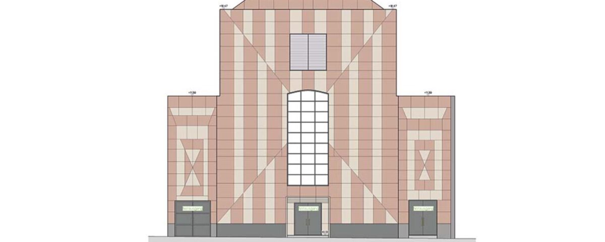 Architekturzeichnung eines modernen, rot-beige gestreiften Gebäudes mit zentralem Fenster und symmetrischem Design.