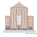 Architekturzeichnung eines modernen, rot-beige gestreiften Gebäudes mit zentralem Fenster und symmetrischem Design.