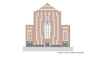 Architekturzeichnung eines modernen, rot-beige gestreiften Gebäudes mit zentralem Fenster und symmetrischem Design.