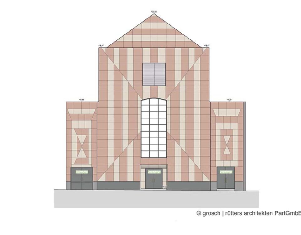 Architekturzeichnung eines modernen, rot-beige gestreiften Gebäudes mit zentralem Fenster und symmetrischem Design.