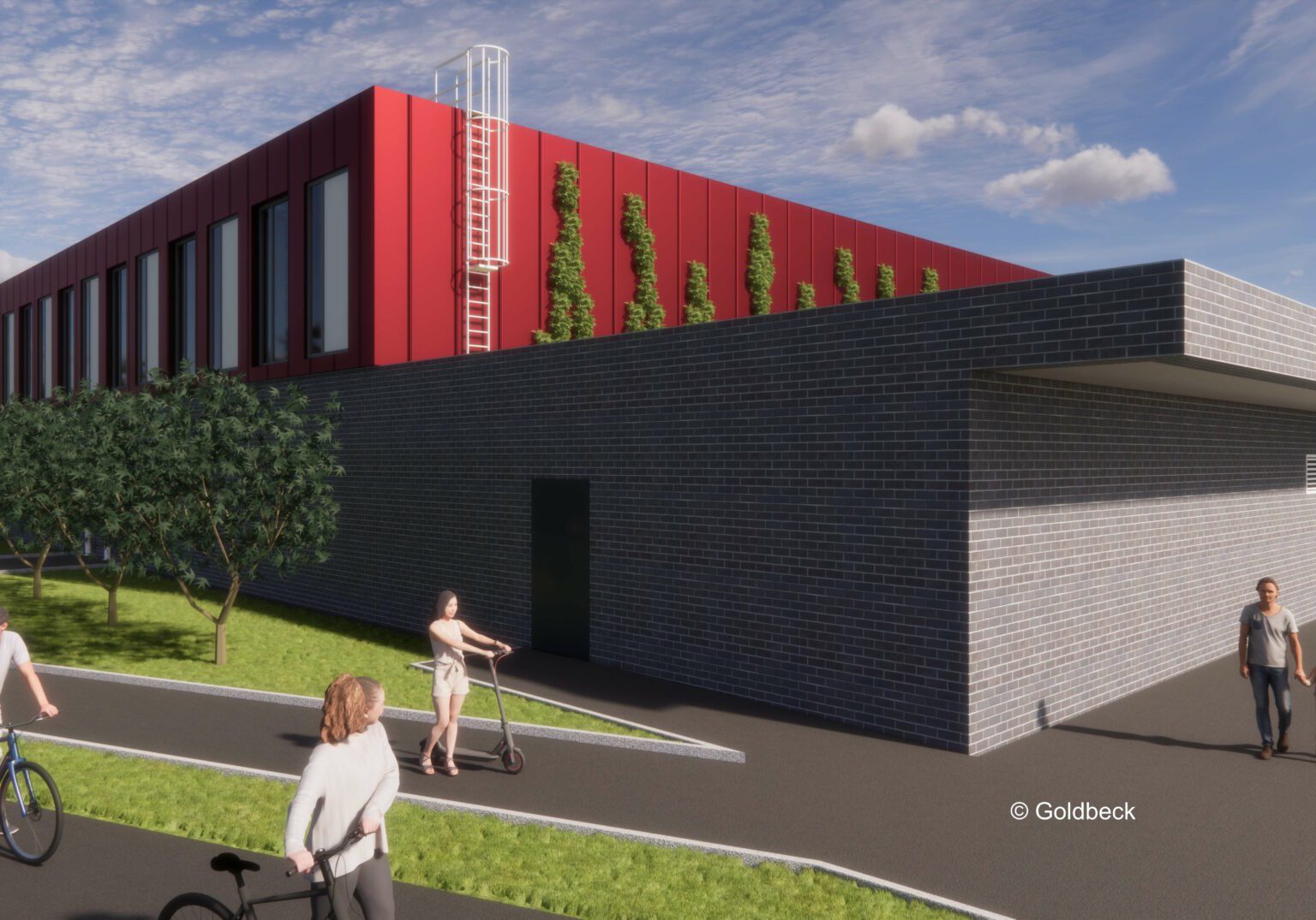 Moderne Architektur: Personen mit Fahrrädern und Rollern vor einem Gebäude mit roten Elementen und grüner Fassade.