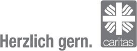 Logo der Caritas mit dem Text Herzlich gem. und einem stilisierten Kreuzsymbol.