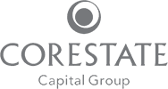 Logo von Corestate Capital Group, führende Immobilien-Investmentfirma mit modernem Design in Grau.