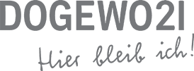 Logo der DOGEWO21 mit Slogan Hier bleib ich!, in grauer Schrift auf transparentem Hintergrund.